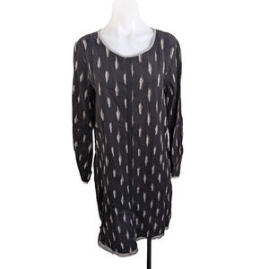 Maison de Nimes Size 12 Ikat Peasant Shift Dress Black Tan Cotton Long Sleeves